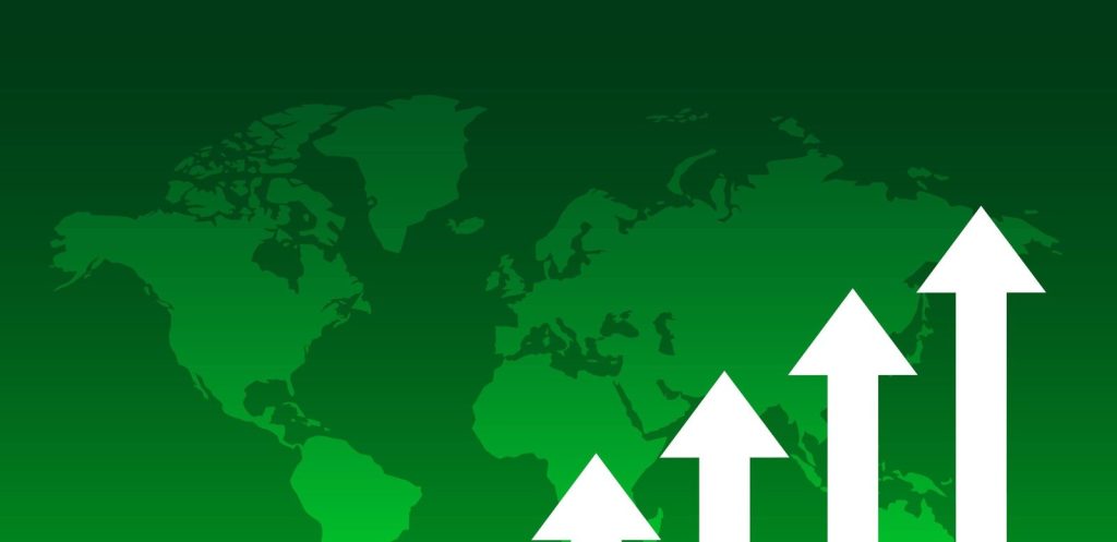 Green world map with rising white arrows
