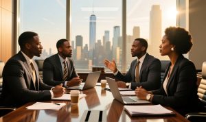 Business colleagues in a meeting with a city skyline behind them